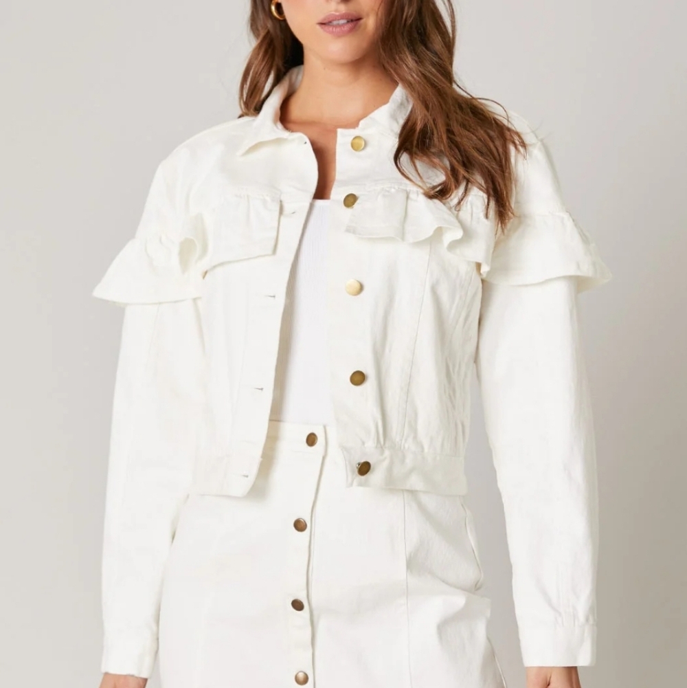 Sugar + Lips White Ruffled Crop Jean Jacket